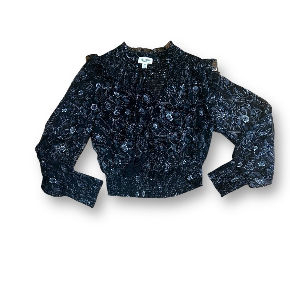 Allison‎ New York black smocked sheer sleeve blouse top size Medium
